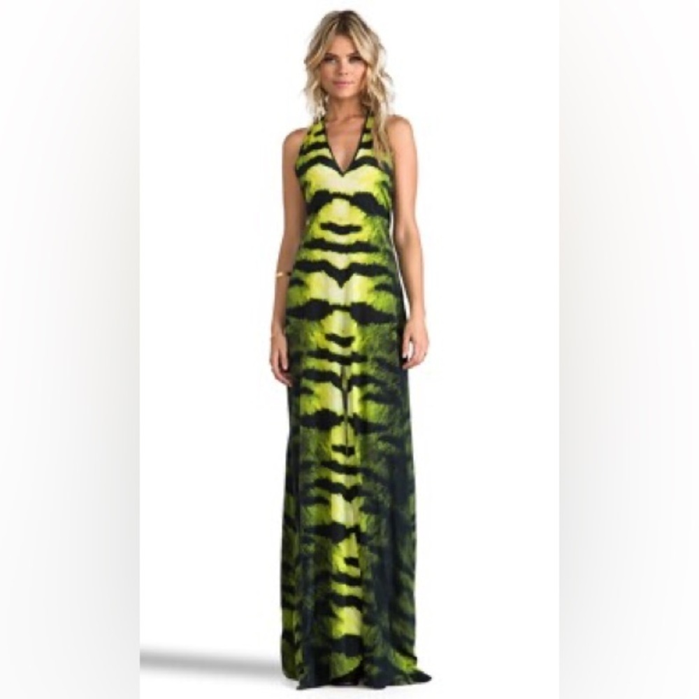 ALEXIS Maxi 100% Silk maxi dress halter top deep v neck open back leopard print